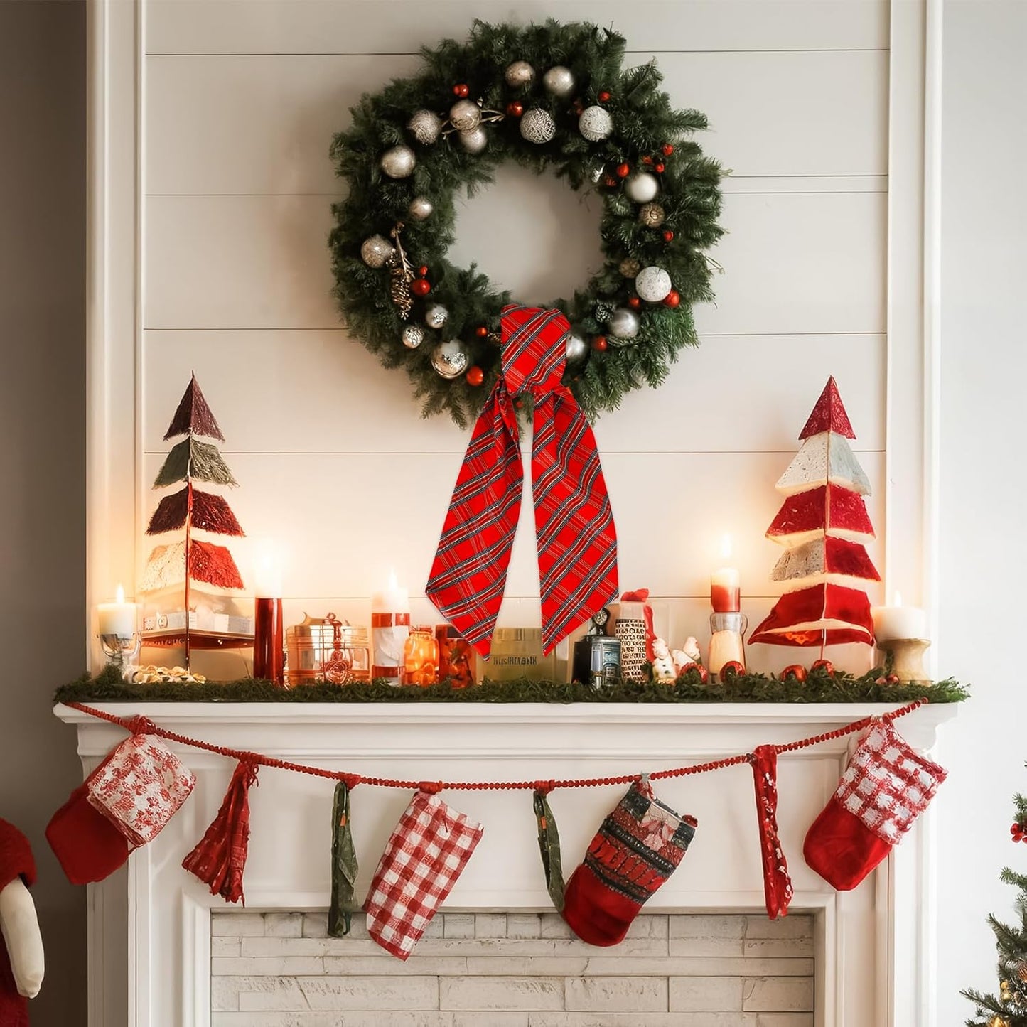TONIFUL Wreath Sash - Red and Green Check Plaid | 4.5" x 56" Indoor/Outdoor Christmas Decor