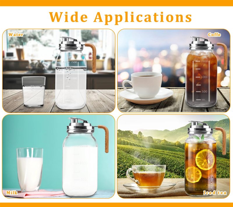 Glass Pitcher With Lid,304 Stainless Steel Lid,2 Seal Ring,64 oz(2 Quart/1.8 Liter),Mason Jar Cold Brew Water Iced Tea Brewing Breast Milk Pitcher,Sun Tea Glass Jar For Outside,Pitchers For Drinks