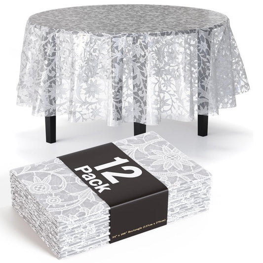 Exquisite Lace Table Cloth Round Table Plastic 12-Pack Lace Tablecloth 84 | White Floral Tablecloth Disposable | Wild Flower Party Decorations & Party Supplies