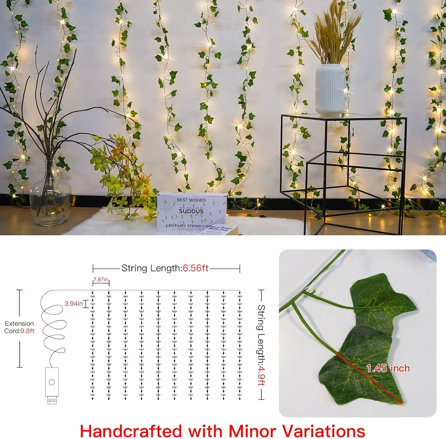 Suddus Vines with Lights - 150 LED Fairy Lights for Bedroom & Decor | 6.5ft x 4.9ft Ivy Curtain Lights