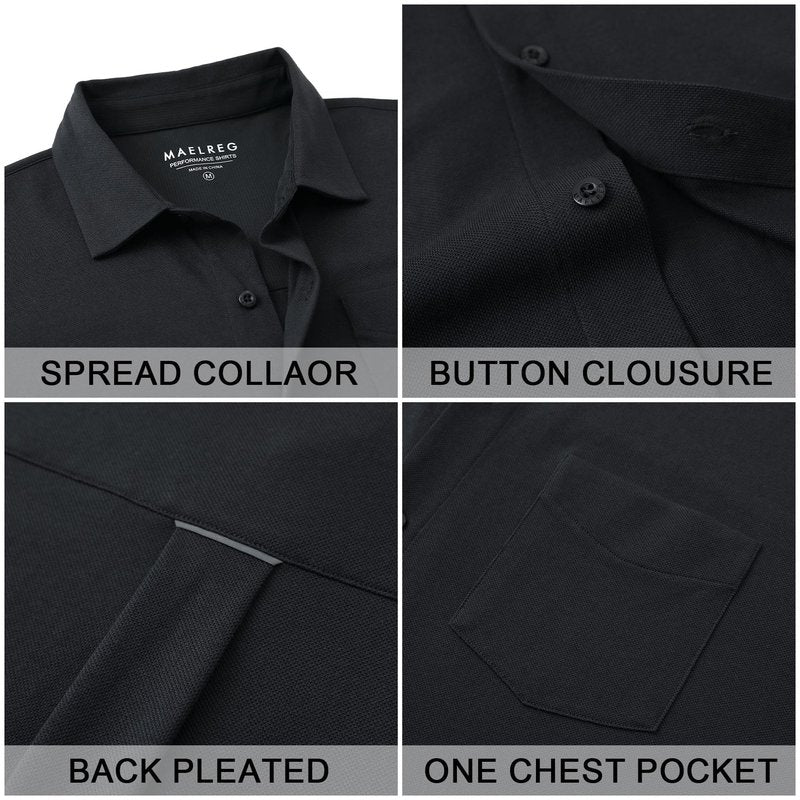 M MAELREG Mens Short Sleeve Button Down Shirt Pique Performence Business Cotton Blend Casual Fitted Shirt for Men Black