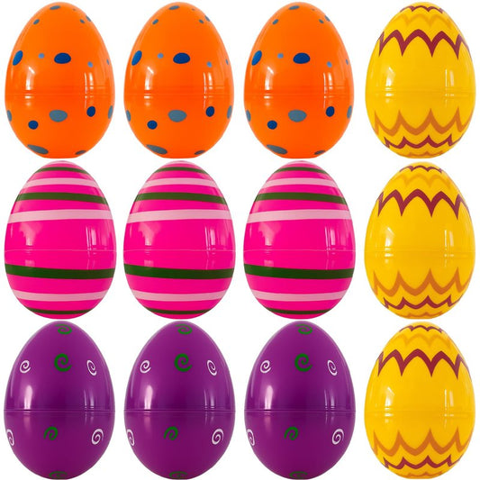 Coynurex 12 Pack Printed Easter Eggs, 3.3'' Fillable Plastic Eggs in 4 Colors, Easter Hunt Basket Stuffers, Party Supplies