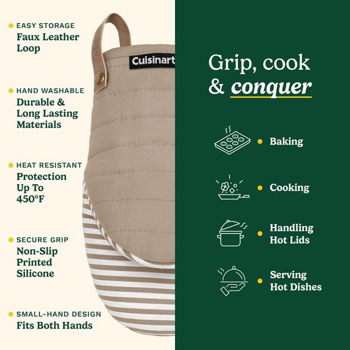 Cuisinart Mini Oven Mitts – 5.5” x 8” Heat-Resistant Kitchen Mitts for Oven with Non-Slip Printed Silicone, Cotton Filling, and Faux Leather Loop – Durable Oven Mitt Set for Cooking & Baking