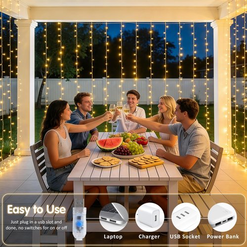 JMEXSUSS 200 LED Curtain Lights for Bedroom, Warm White Curtain Fairy Lights for Backdrop Indoor, USB Hanging String Lights with Remote for Wall Backdrop Wedding Party Decor, 6.5ftx6.5ft