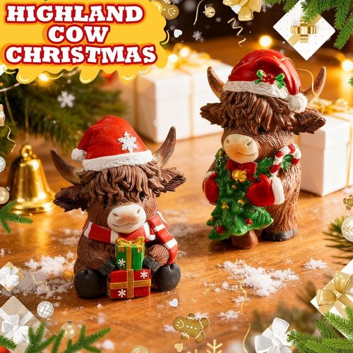 Exasinine Highland Cow Figurines - Festive Christmas Decor with Santa Hat & Candy Cane | 2 Pcs for Home & Office