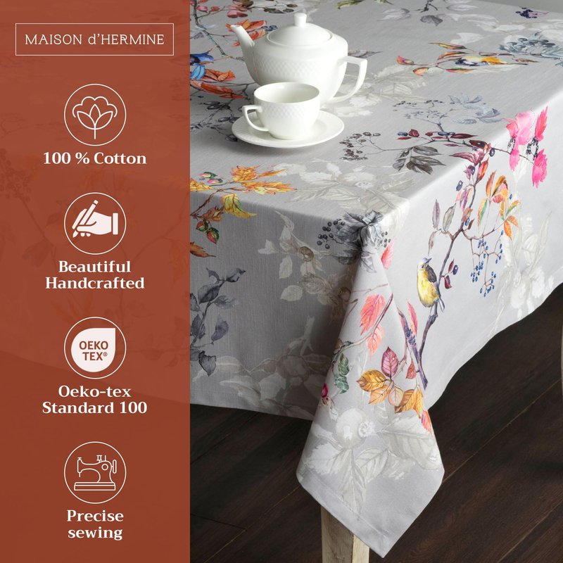 Maison d' Hermine Table Cloth Rectangle Table 100% Cotton 70 x 90 Inches Fall Tablecloth Reusable Everyday Use for Thanksgiving Christmas Decorations Dining Farmhouse Party (Equinoxe - Grey)