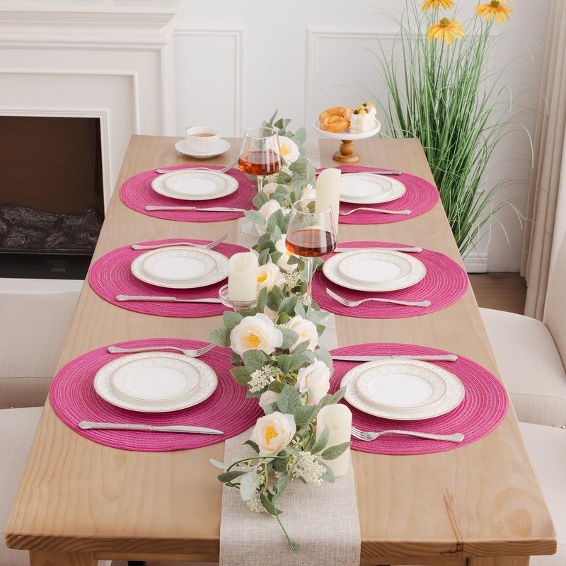 SHACOS Round Braided Placemats Set of 6 Cotton Round Place Mats 15 inch Washable Table Mats for Dining Table Holiday Party (Hot Pink, 6)