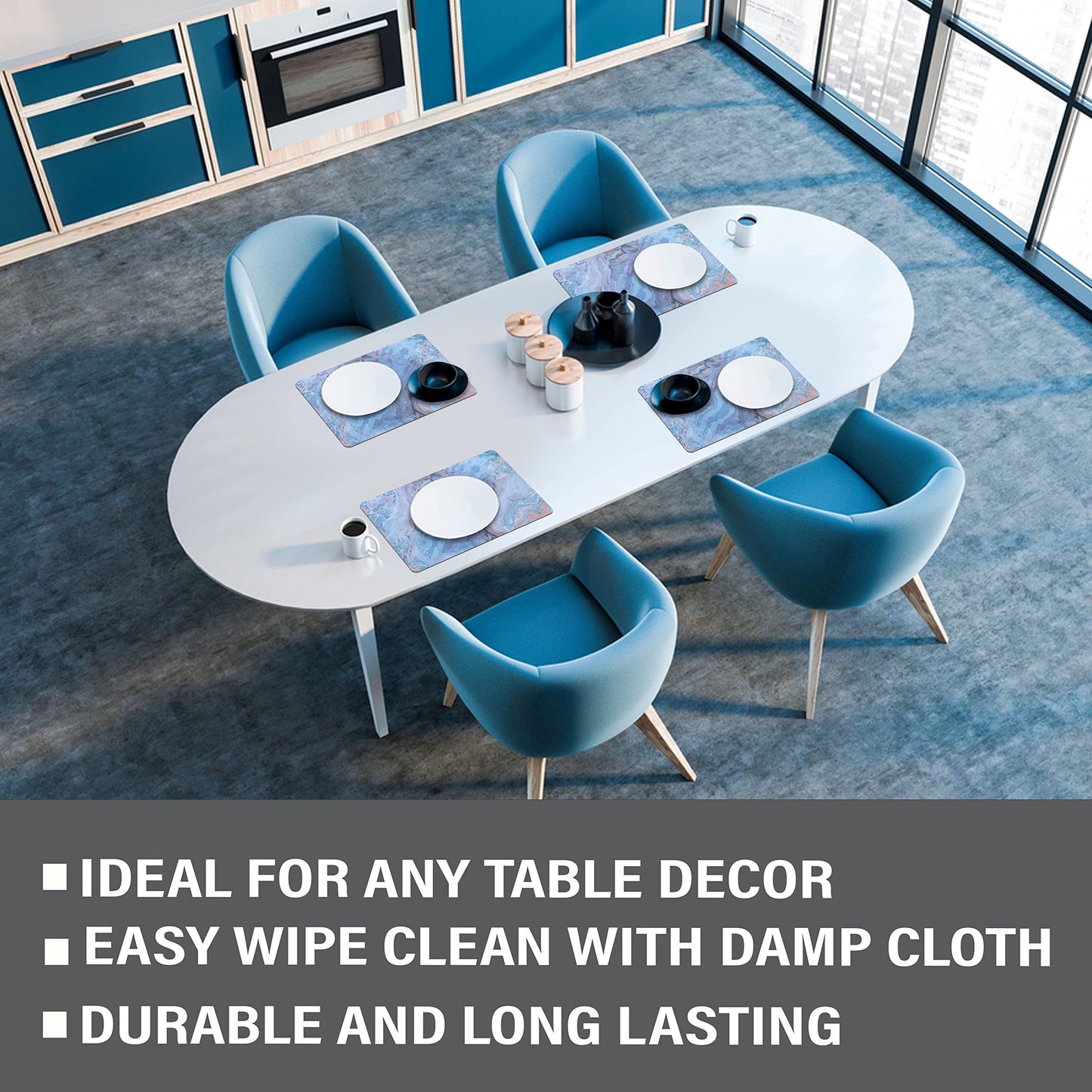 Dainty Home Navy Marble Rectangle Cork Placemats - Heat Resistant, Non-Slip, Easy Clean for Elegant Dining - 12"x18" Set of 8 - Perfect for Stylish, Modern Homes
