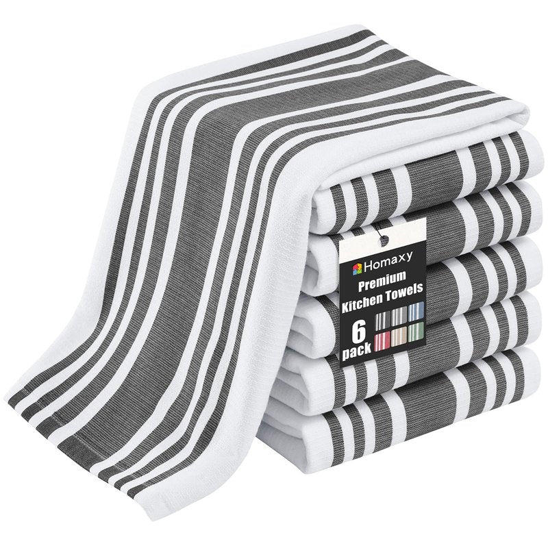 Homaxy Premium Kitchen Towels 18”x 28”, Large Cotton 380 GSM Kitchen Hand Towels, Stripe and Terry Dish Towel, Highly Absorbent Tea Towel Set with Hanging Loop, 6 Pack, Black