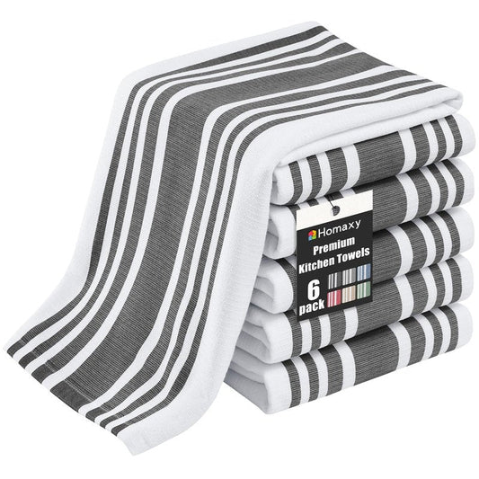 Homaxy Premium Kitchen Towels 18”x 28”, Large Cotton 380 GSM Kitchen Hand Towels, Stripe and Terry Dish Towel, Highly Absorbent Tea Towel Set with Hanging Loop, 6 Pack, Black