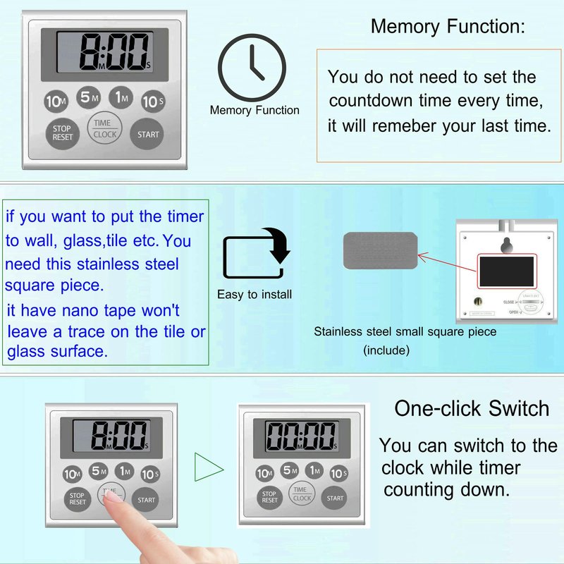 NUOSWEK Digital Timer Waterproof Shower Timer Shower Clock Bathroom Kitchen Timer with Strong Magnet and Large LCD Display (Waterproof 7 Key)