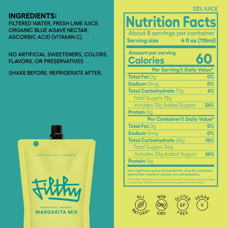 Filthy Margarita Mix, Premium Cocktail Mixer, All-Natural, Non-GMO, Vegan & Gluten-Free, Made with 100% Fresh Florida Lime Juice and Organic Agave Nectar from Jalisco Mexico, 32 Oz Pouch