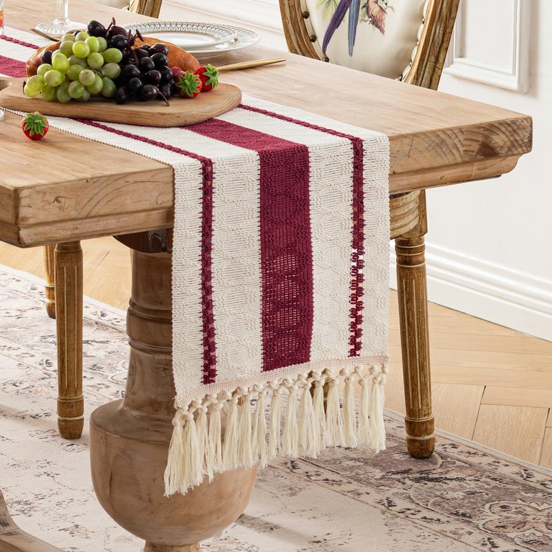 Fancy Homi Burgundy Table Runner 72 Inches Long Boho Macrame Christmas Table Runner for Home Decor, Farmhouse Table Runners with Tassels for Party Rustic Bridal Shower Dining Decor 12x72 Inches