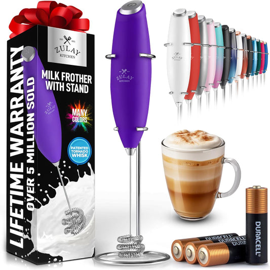Zulay Kitchen Tornado Triple Whisk Milk Frother - Handheld Foam Maker for Coffee & Lattes | Includes 4 Duracell Batteries - Purple