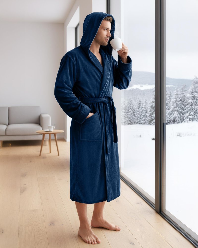 NY Threads Mens Robe with Hood, Luxury Plush Fleece Hooded Mens Bathrobe, Spa Bath Robe for Men, Large/X-Large, Navy