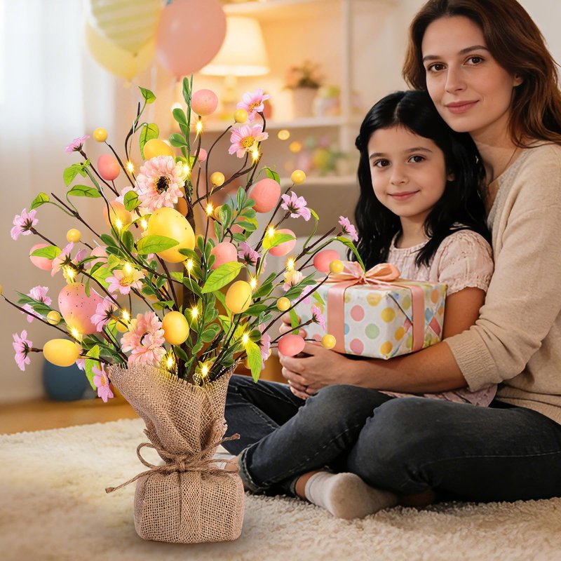 Easter Decorations, Pre-Lit Easter Egg Tree Tabletop Decor with Delicate Ornaments, for Home Easters Party Wedding Holiday Spring Summer Kitchen Dining Table Decor (Pink)