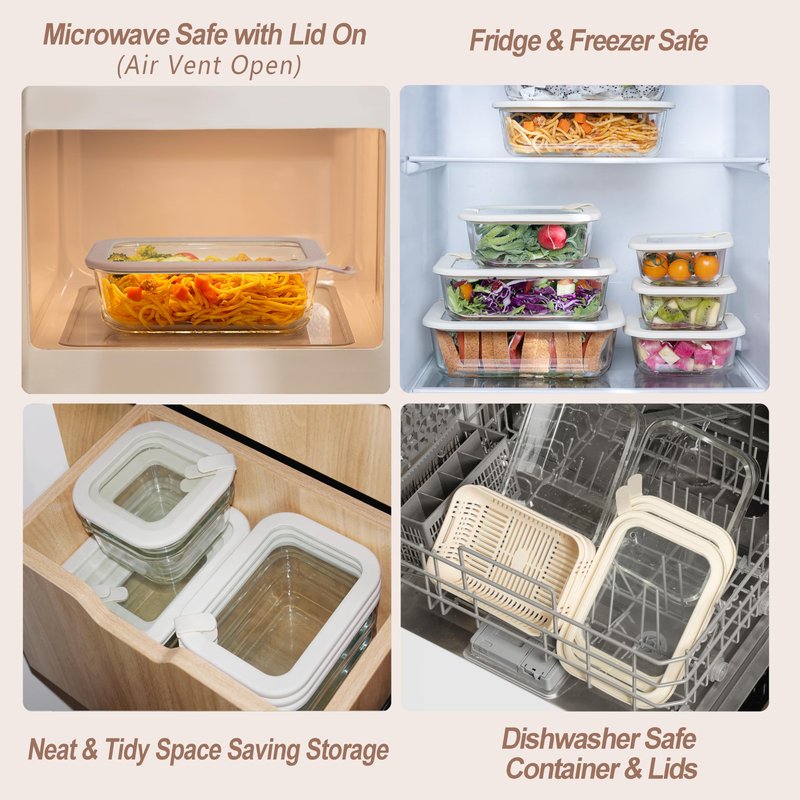 Urban Green Glass Food Storage Containers with Glass Lids, Microwave Safe Food Container Set, Aitight Meal Prep Container Set, BPA Free Colander, LeakProof, 2 Pack