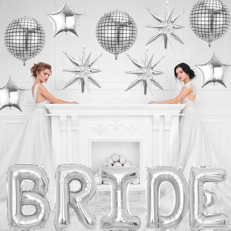 Silver Bride Balloons Bachelorette Party Decorations, 32in Silver Giant Bride Balloons with 4D Disco Ball Balloon and Star Foil Balloon for Bridal Shower Wedding Engagement Party Supplies
