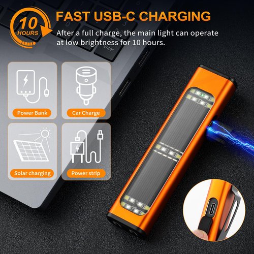 Ciwuzxs Solar/Rechargeable Flat Flashlights, 900 Lumens EDC Tactical Flashlight, Multi Function LED Small Flashlight, 7 Modes IP65 Waterproof for Home, Camping,and Emergency Use (Orange)