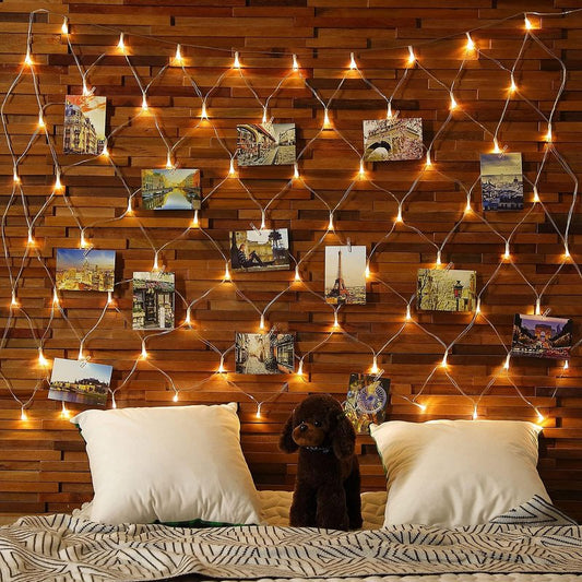 Hiboom Christmas Fairy Lights with Clips, Net Photo Clips String Lights, LED Hanging Photo Display, 8 Modes Battery Operated Christmas Lights for Home Wall Decoration, Warm White(3.3 x 3.3 ft)