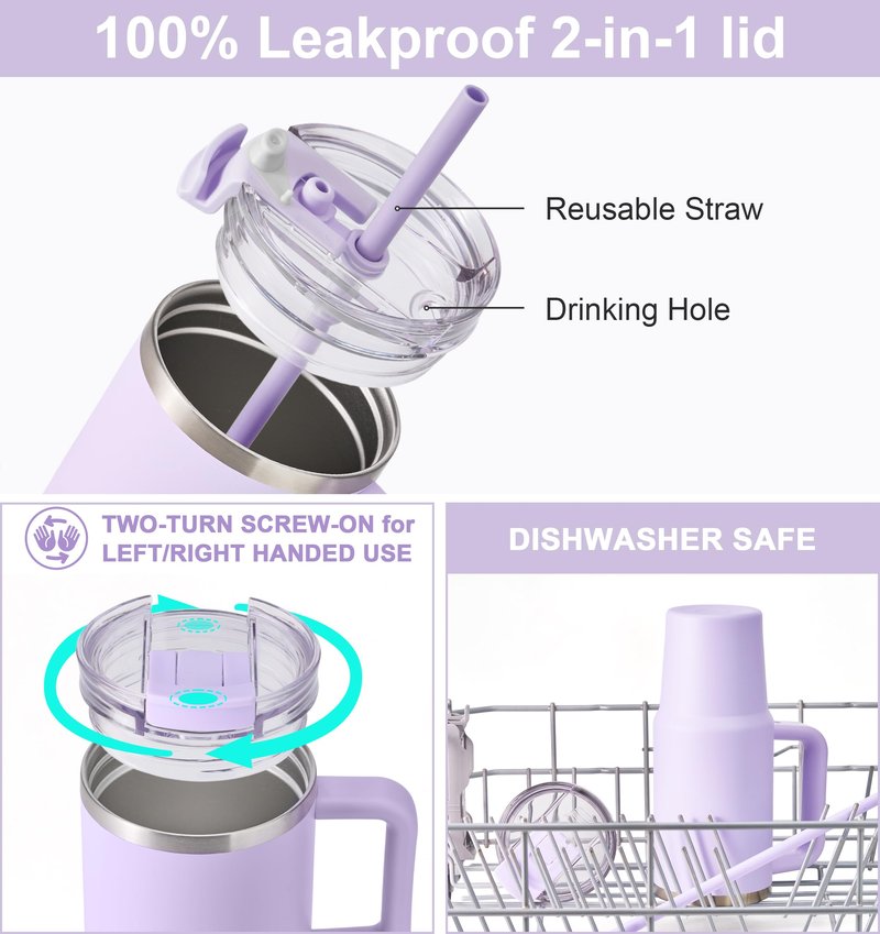 SUNWILL 20 oz Tumbler with Lid, Travel Coffee Mug with Handle and Straw Leak Proof, Stainless Steel Cup Insulated for Office & Gym, Cupholder Friendly, Powder Coated Light Purple