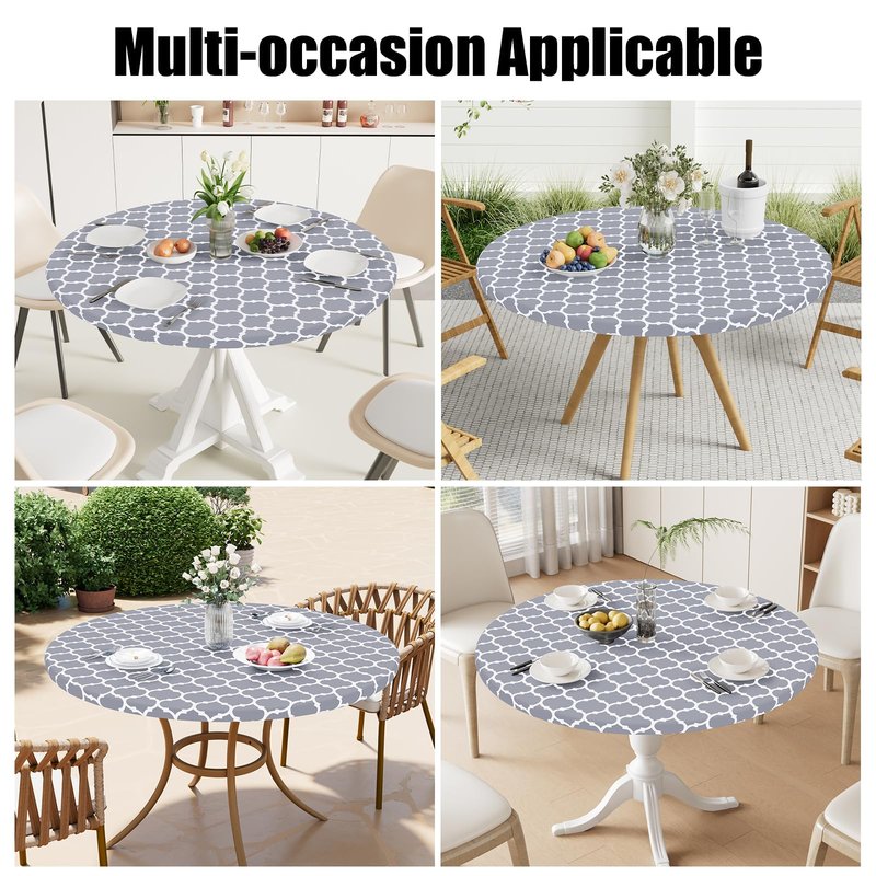 Smiry Round Picnic Tablecloth, Waterproof Elastic Fitted Table Covers for 36" - 44" Tables, Wipeable Flannel Backed Vinyl Tablecloths for Camping, Indoor, Outdoor, Grey & White