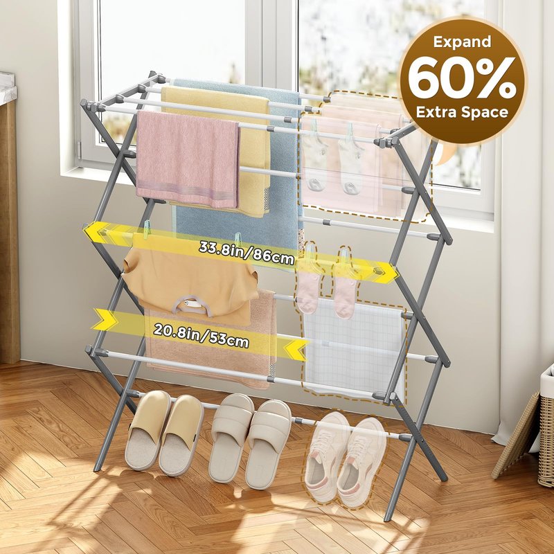 KINGBOARD Clothes Drying Rack, Collapsible Drying Rack Clothing with 11 Poles, 3-Tier Laundry Drying Rack, Small Clothes Drying Rack Foldable for Baby Clothes, 25lb Capacity, White & Grey