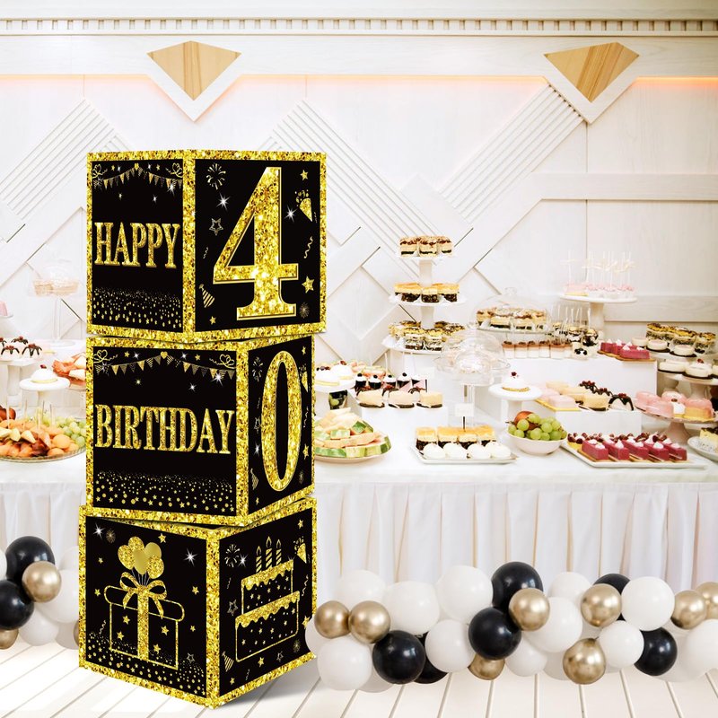 Eiurteao 3pcs 40th Birthday Decorations Boxes for Men Women, Black Gold Happy 40 Birthday Balloons Boxes Party Supplies, 40 Year Old Bday Theme Cardboard Box Decor