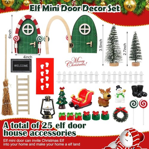 Gerrii Miniature Green Christmas Elf Fairy Doors - 25 Pcs Enchanted Decor Kit for Dollhouses & Rooms