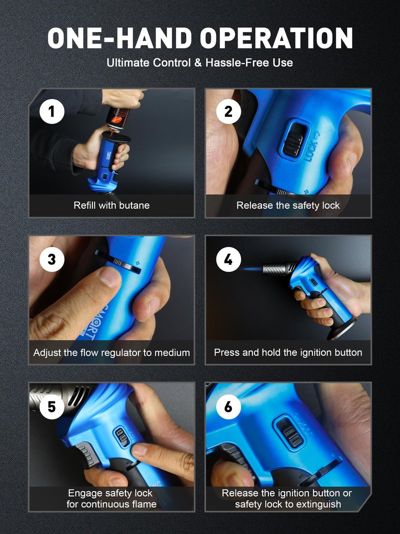 SMART JERRY - Mini Torch Gun | Butane Torch Lighter Windproof & Refillable with Safety Lock | Max 1500℃ Adjustable Flame for Cooking, BBQ, Creme Brulee, Soldering, Cigar Lighting