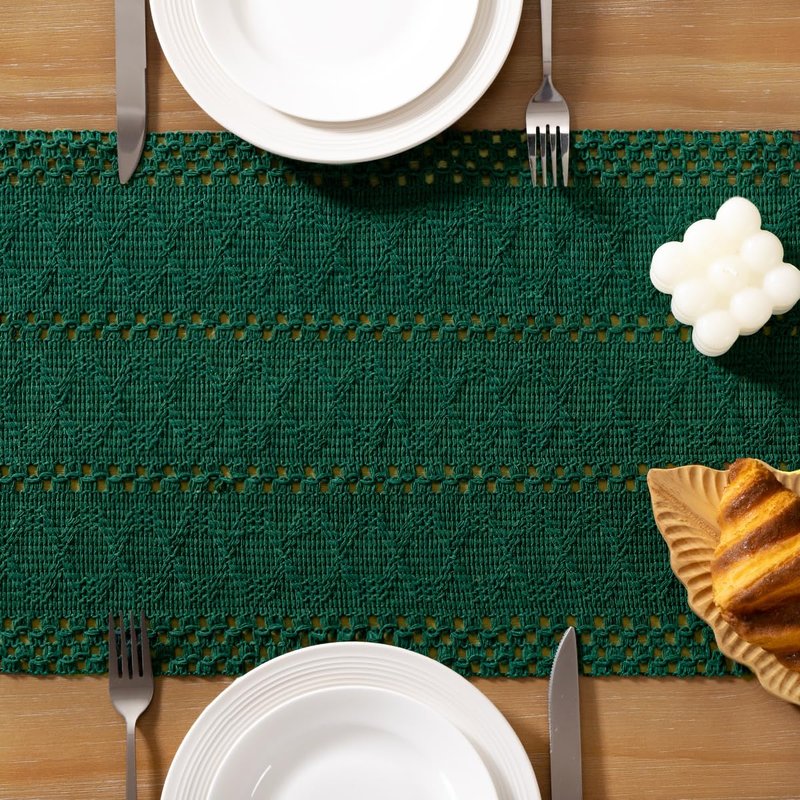 Socomi Boho Table Runner Summer Farmhouse Rustic Dining Kitchen Centerpiece Decor Small Macrame Woven Cotton Linen Coffee Table Runner for Dresser Scarf Home Decor 12x48 inch Emerald Green