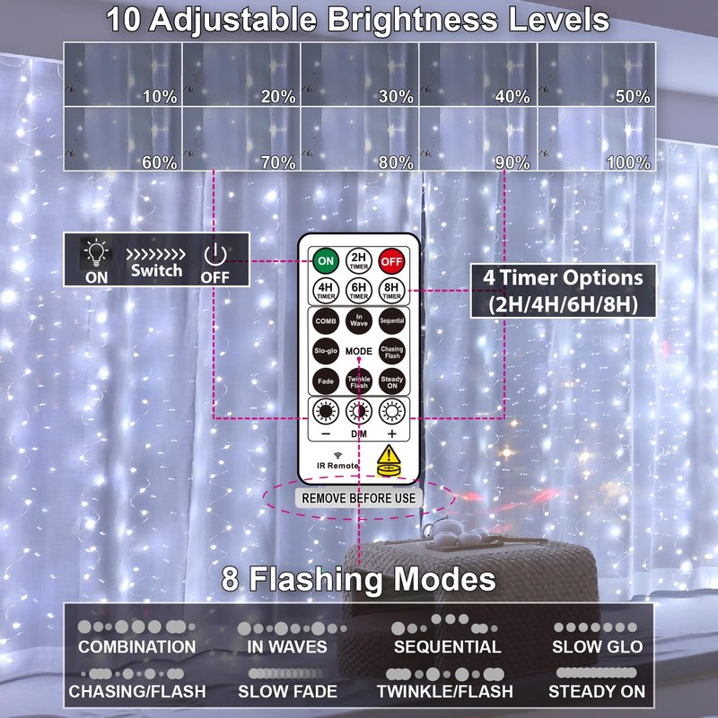 HXWEIYE 300LED Fairy Curtain Lights, 9.8x9.8Ft USB Plug-in 8 Modes Christmas String Hanging Lights with Remote for Bedroom Backdrop Wedding Indoor Wall Decor, White, Standard – 1 Pack