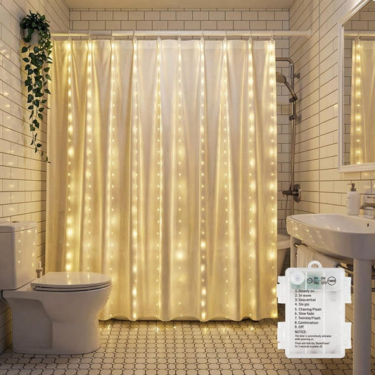 Brightown 180 LED Shower Curtain Lights, 70 Inch Warm White Fairy Lights Battery Operated String Lights, 8 Modes Waterproof Christmas Lights for Indoor Outdoor Decor(No Curtain)