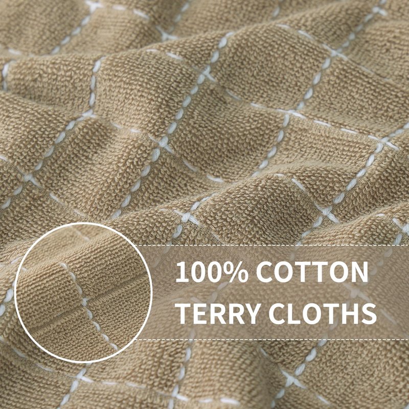 Homaxy 100% Cotton Terry Kitchen Towels(Tan, 13 x 28 inches), Checkered Designed, Soft and Super Absorbent Dish Towels, 4 Pack
