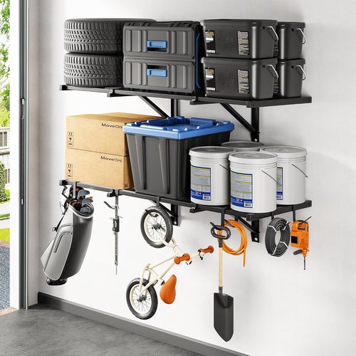 FLEXIMOUNTS Heavy-Duty Garage Wall Shelving - 2x4ft Wall-Mounted Storage with 8 Hooks, 400lbs Capacity