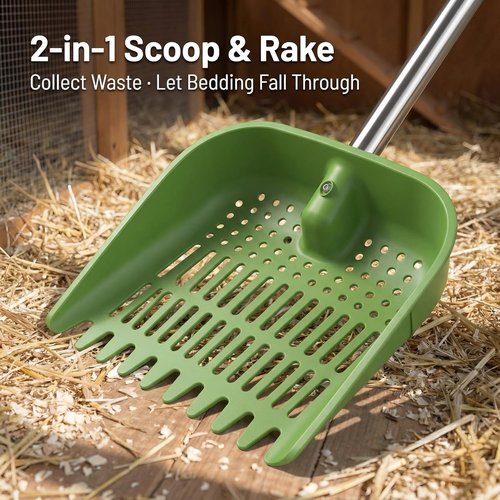 Chicken Poop Scooper - 2-in-1 Coop Scoop & Rake with Adjustable Stainless Steel Handle | 68-Inch No-Bend Cleaning Tool