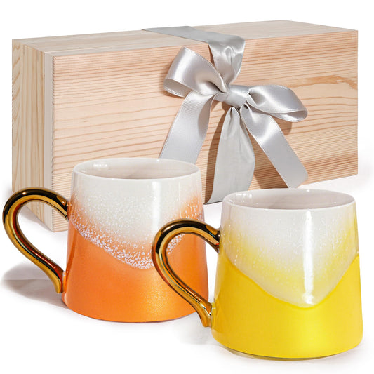 JDCervita 【Mother's Day】 2 Pack Ceramic Coffee Mugs for Couple,11.2 OZ Colored Glaze Coffee Cup with Gold Plated Handle, Valentine's Gift, Wedding Gifts for Bride and Groom