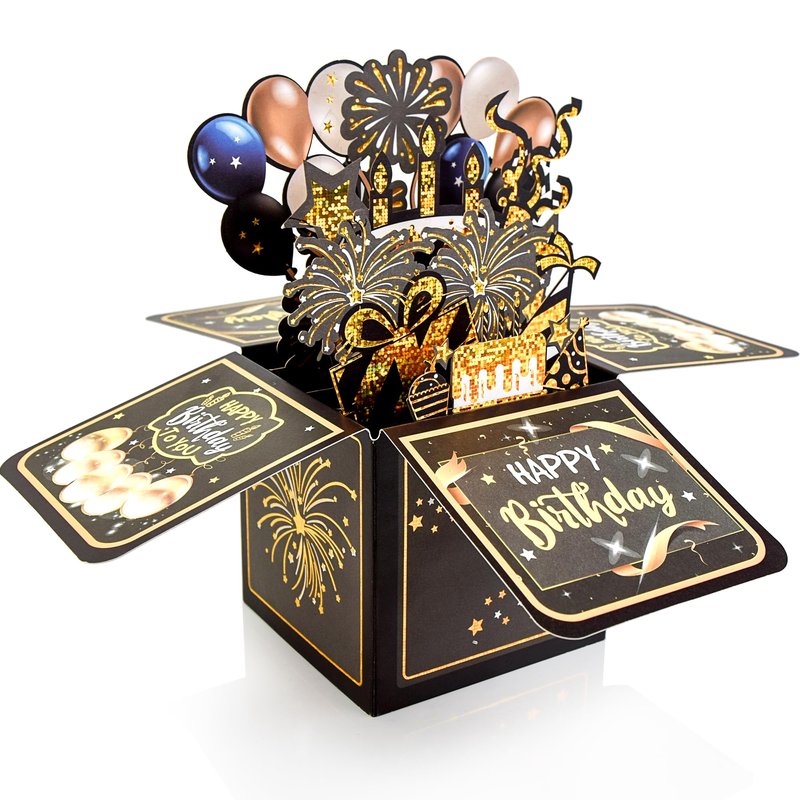 Surprise Pop Up Happy Birthday Cards, Lovely 3D Birthday Card for Adults and Kids with Envelopes, Unique Design Handmade Foldable Greeting Cards for Daughter, Son, Mom, Dad, Friend（Black）
