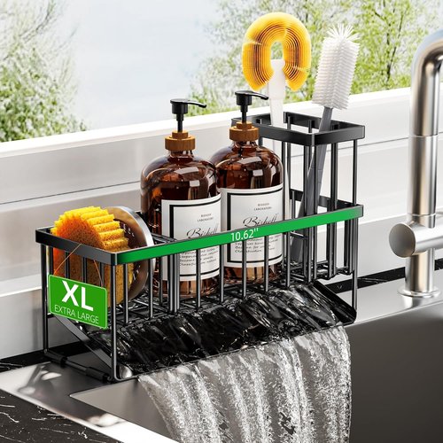 Cisily Extra Large Kitchen Sink Caddy Organizer - Rustproof Stainless Steel with Brush & Sponge Holder | Soap Dispenser Included