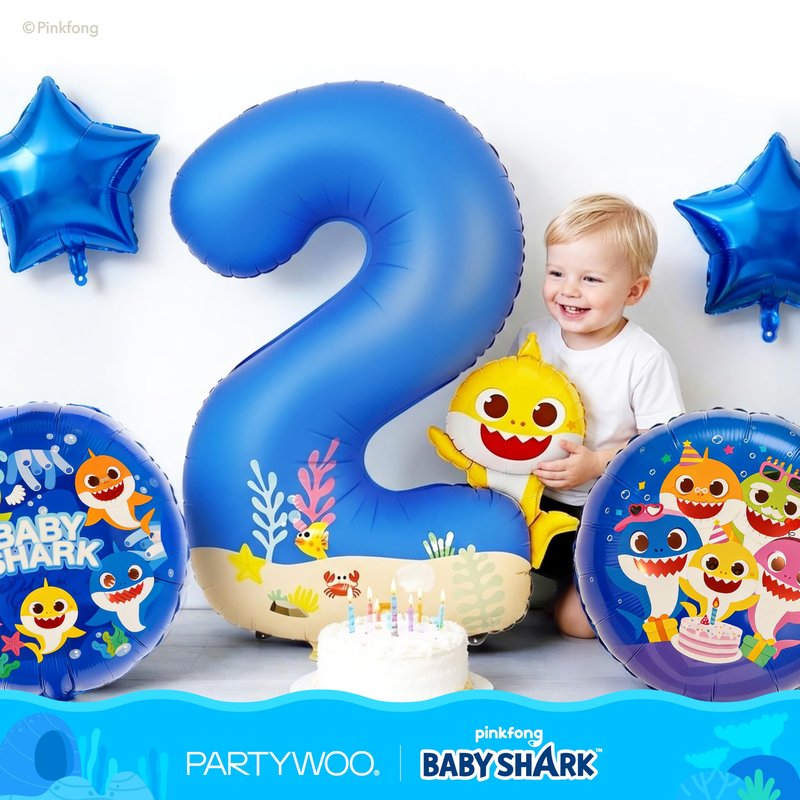 PartyWoo Baby Shark Blue Foil Number 2 Balloon 5pcs 40 18 Inch Blue Round Star Mylar Helium Birthday Balloons for Boys and Girls Baby Shark Under the Sea Ocean Kids Second Birthday Party Decorations