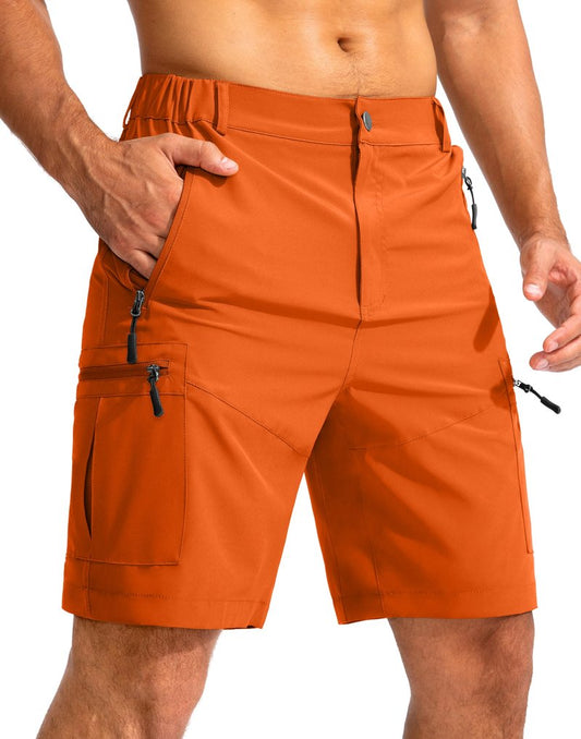 Pudolla Men's Hiking Cargo Shorts 9" Lightweight Outdoor Work Shorts for Men Travel Golf Camping Casual with 5 Zipper Pockets(Orange Large)