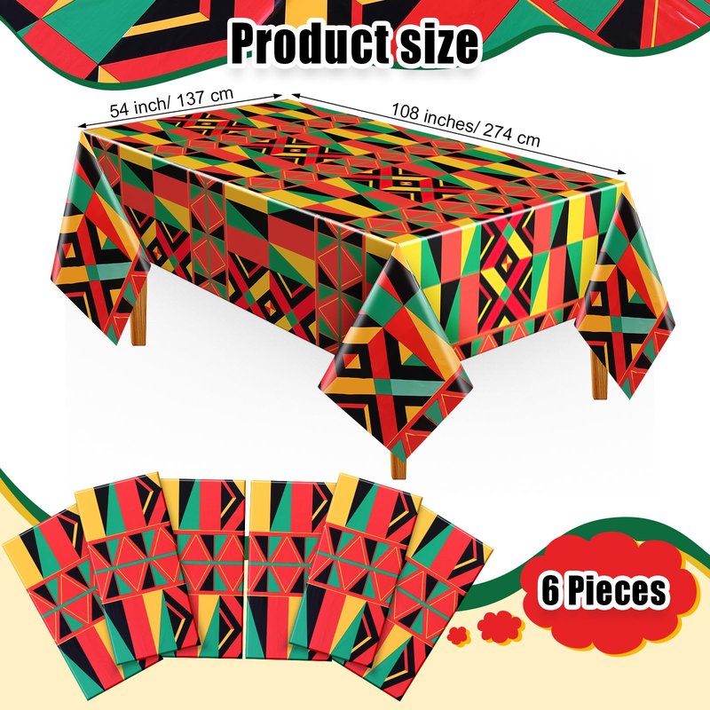 Frienda 6 Pcs Juneteenth Tablecloths 108 x 54 Inch African American Plastic Table Cloth Rectangular Kente Table Cover for Kitchen Dining Decor 1865 Freedom Day Holiday Party Supplies