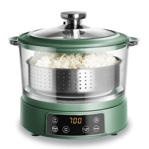 COOK WITH COLOR 3L Glass Mini Low Carb Rice Cooker - Auto Lift Filter Basket & Digital Panel, Dark Sage