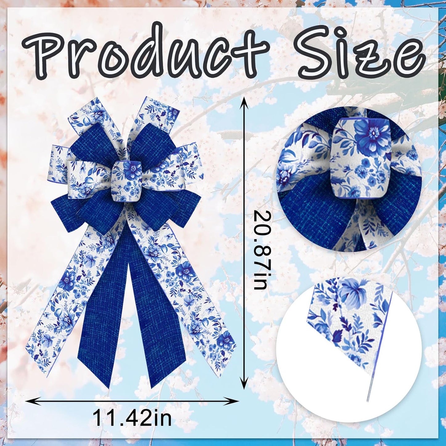 Skiennix Large Spring Bows - Blue Linen Flower Burlap Ribbon for Wreaths & Decorations