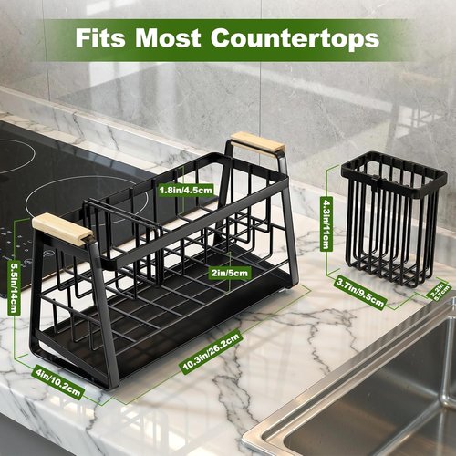 Housolution Kitchen Sink Caddy Organizer - 2-Tier Sponge Holder with Flexible Brush Storage | Rustproof Design