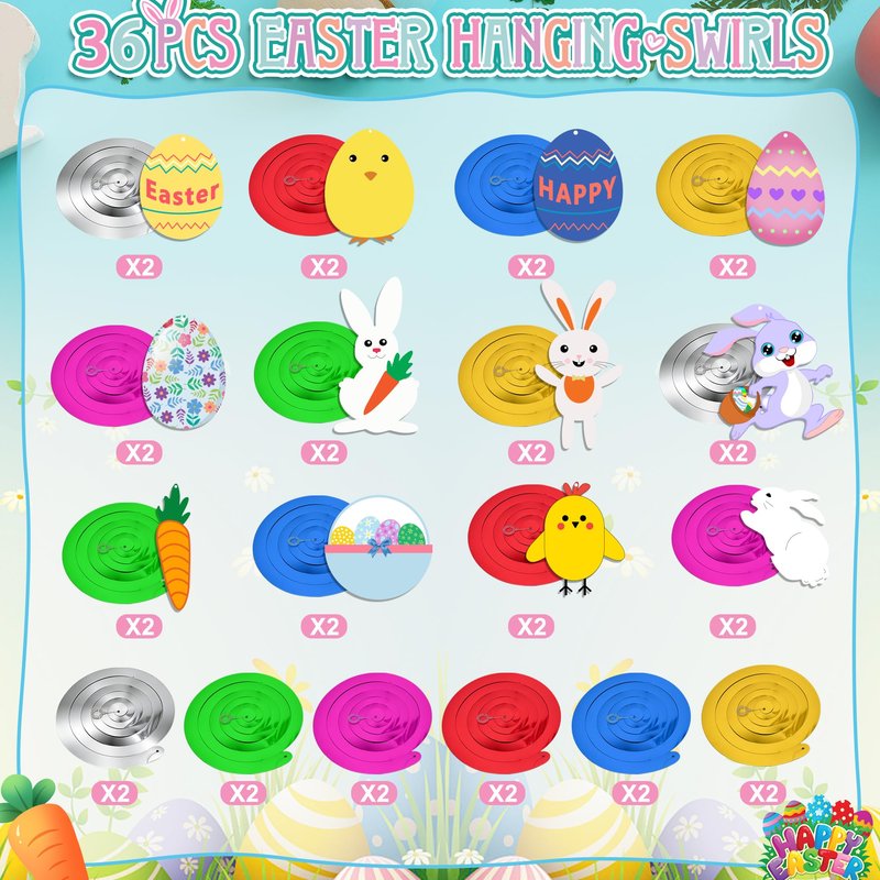 Easter Hanging Swirl Decorations - Pack of 36 | Easter Decorations Egg Bunny Hanging Swirl Foil Decoration for Home Office Party Supplies