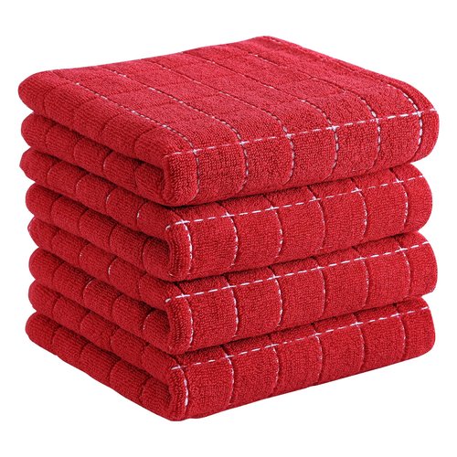 Homaxy 100% Cotton Terry Kitchen Towels(Red, 13 x 28 inches), Checkered Designed, Soft and Super Absorbent Dish Towels, 4 Pack