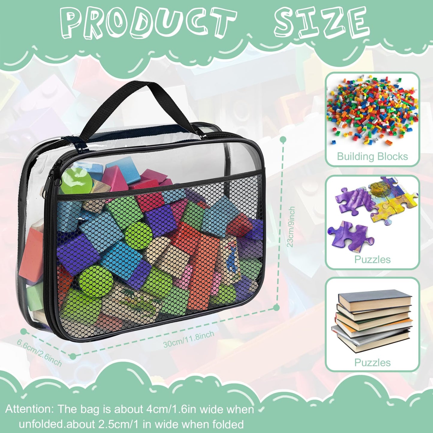 4 Pack PVC Toy Zippered Blocks, 11.8"X3" X9" Travel Storage Case Bags for Organizing, Waterproof Toy Storage Bags with Mesh Pockets for Building Blocks, Puzzles, Clays,Toy Cars