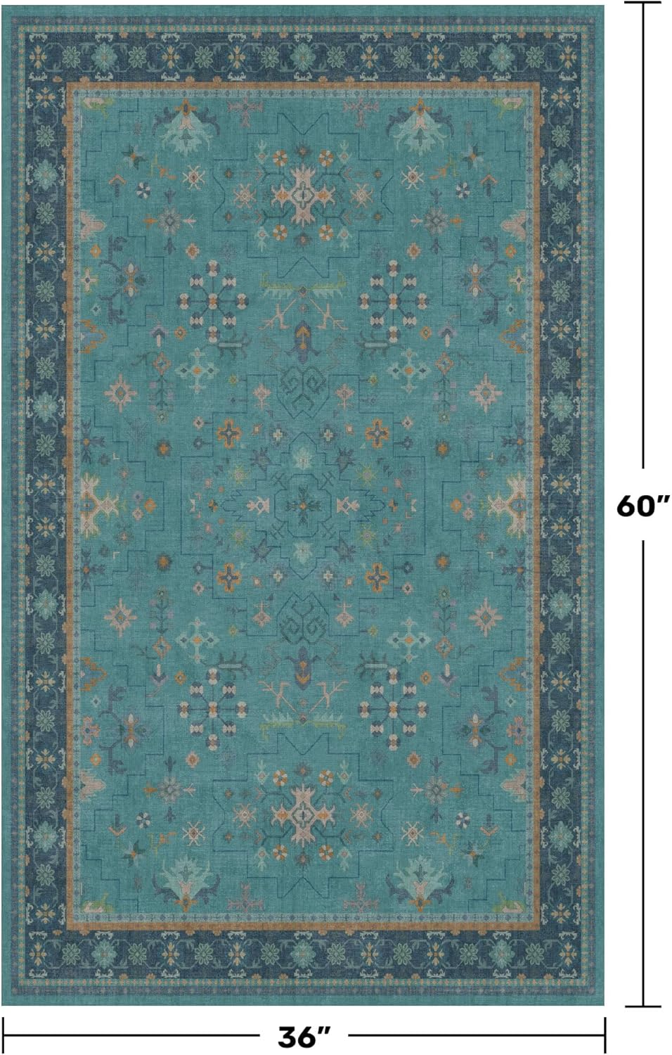 Skiennix Washable Teal Rug - 3x5 Indoor Throw Rug for Kitchen, Bedroom, Bathroom | Non-Slip, Fade-Resistant Boho Décor