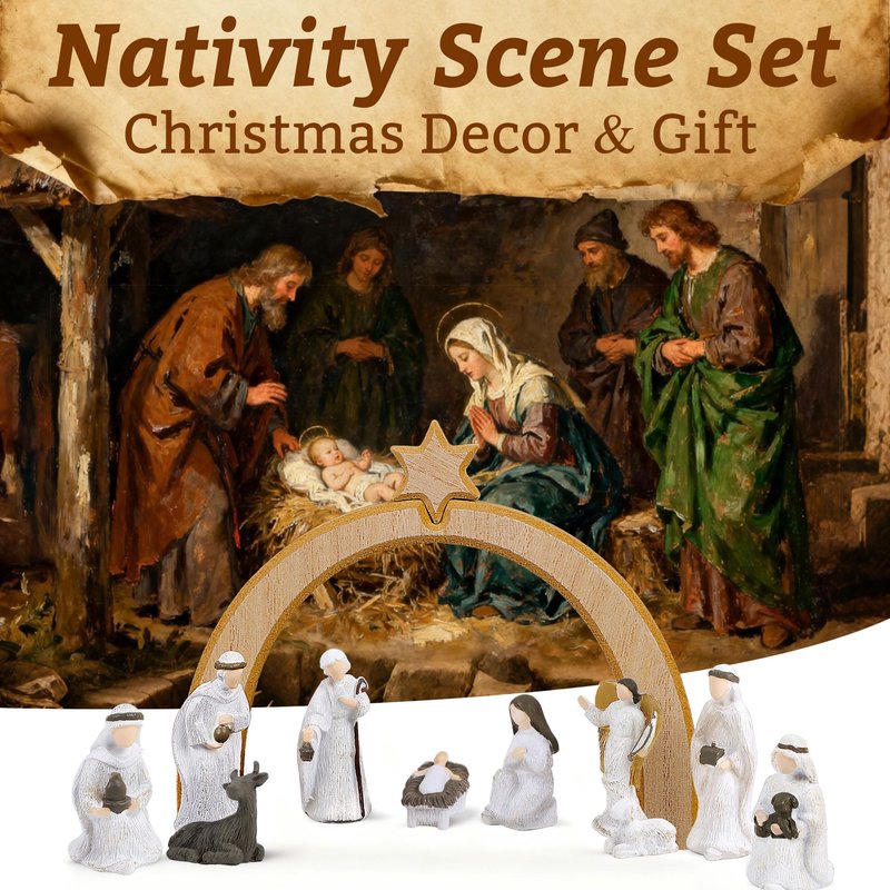 Treewoll 11 Pcs Christmas Scene Nativity Set, Holy Family Scene with Wooden Arched Stable and Resin Figurines Including Baby Jesus, Mary, Joseph and More, Religious Collections for Home Tabletop Decor
